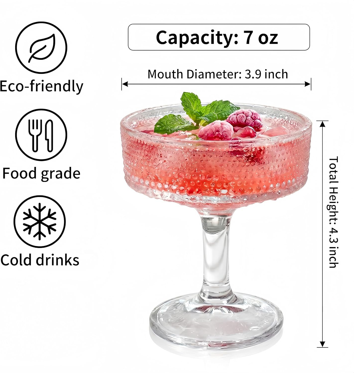 ZOOFOX Set of 6 Coupe Glasses, 7 oz Vintage Cocktail Coupe Glasses Set, Crystal Martini Glasses with Stem, Embossed Bar Drinking Glasses Set for Espresso Martini, Cosmopolitan, Manhattan, Gimlet