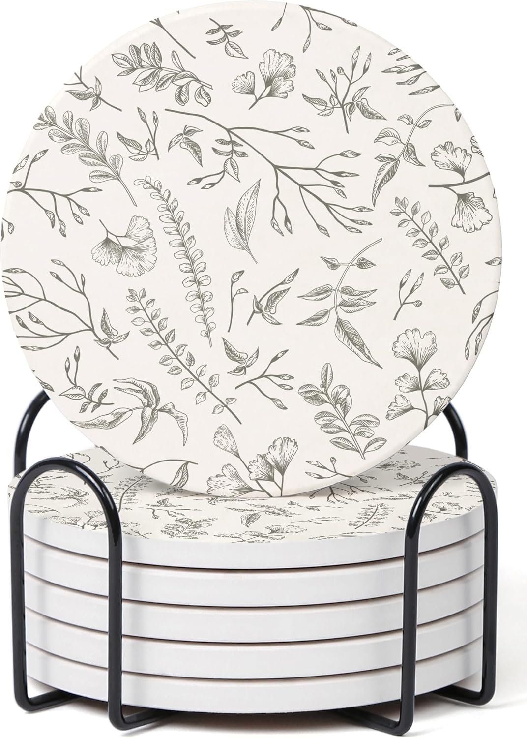 Set of 6 Floral Ivory and Gray Coasters with Holder, Absorbent Ceramic Drink Coasters with Cork Backing for Table Protection, Coffee Table Décor