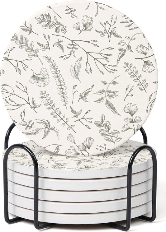 Set of 6 Floral Ivory and Gray Coasters with Holder, Absorbent Ceramic Drink Coasters with Cork Backing for Table Protection, Coffee Table Décor