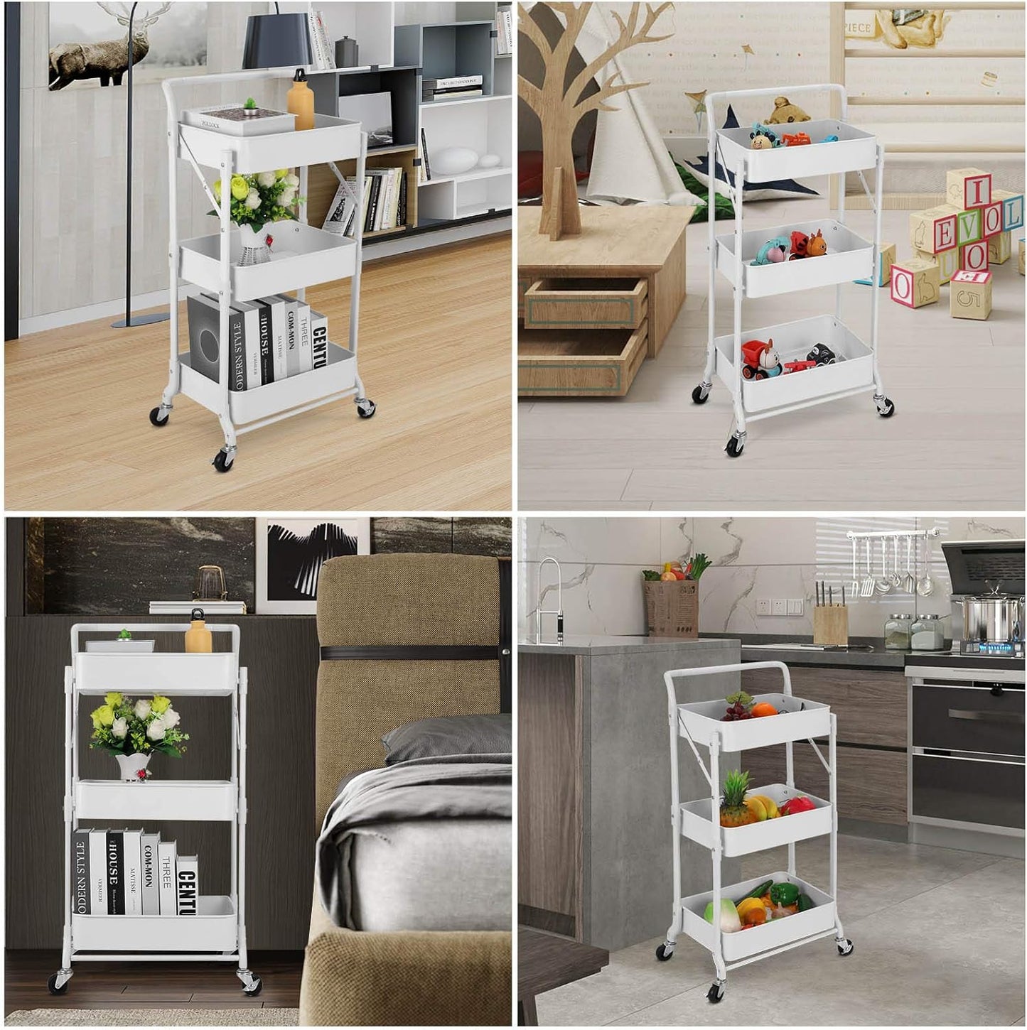 Foldable 3 Tier Metal Utility Rolling Cart, Folding Mobile Multi-Function Storage Trolley Organizer Cart for Home Library Office(White)