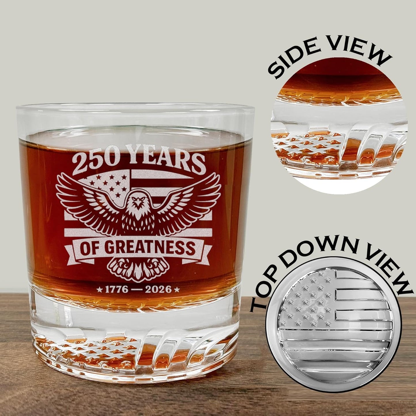 United States 250th Anniversary Whiskey Glass with American Eagle - Laser Engraved Bourbon Glass, Patriotic Gift, Whiskey for Dad, Men, Veteran - America 250 Merchandise, USA Flag Icon