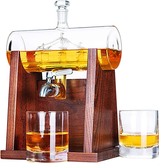 Jillmo Ship Whiskey Decanter Set for Men, 1250ml Liquor Decanter Gift with Ship Inside, 2 Whiskey Glasses & Wooden Stand, Bourbon Scotch Decanter Gift for Dad Husband Home Bar