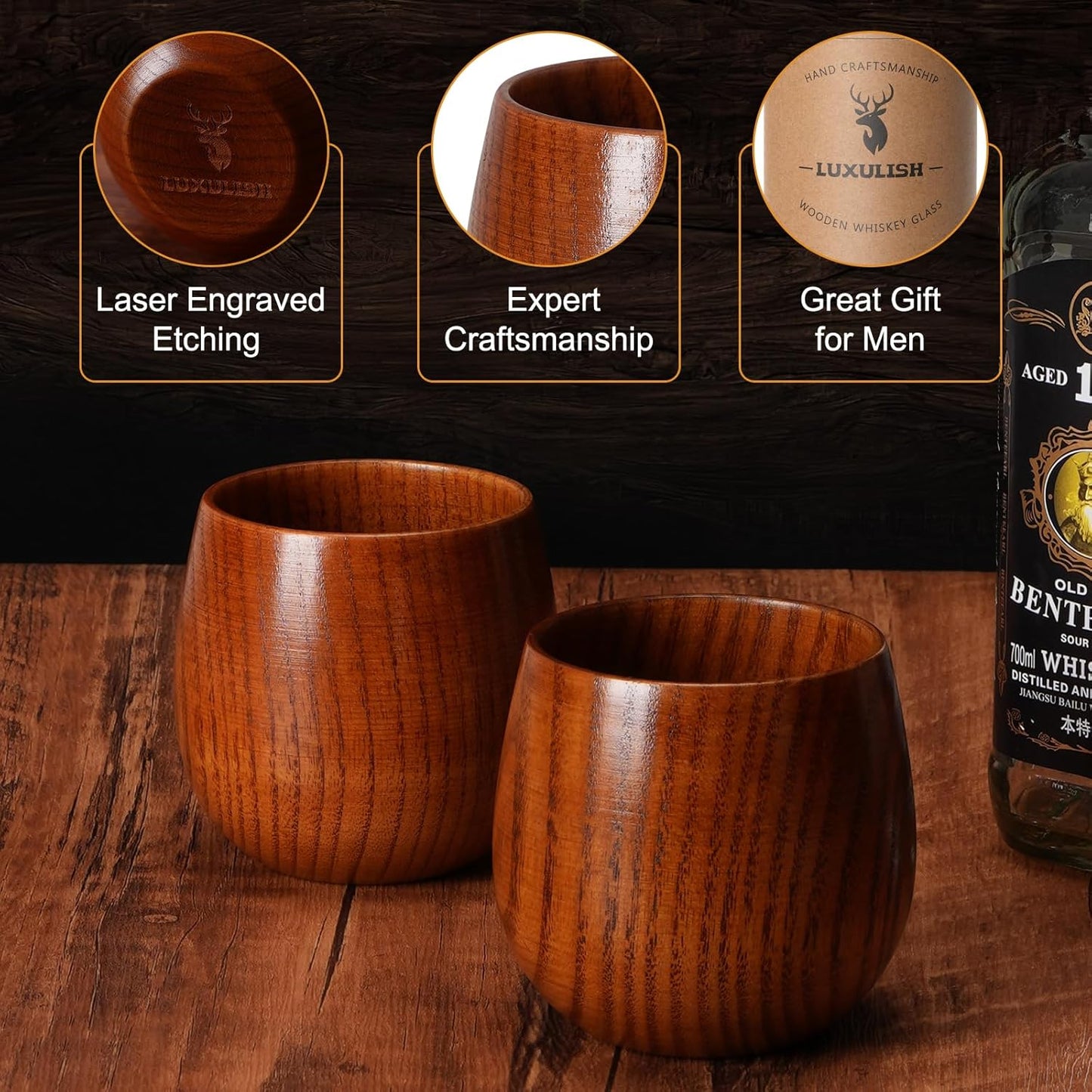 LUXULISH Wooden Bourbon Glass, Include 3 Stainless Steel Ice Cubes, The Original Wood Bourbon Drinking Tumbler, Old Fashioned Whiskey Glass Cup, Gifts for Men, Dad, Husband, Brother, Friends
