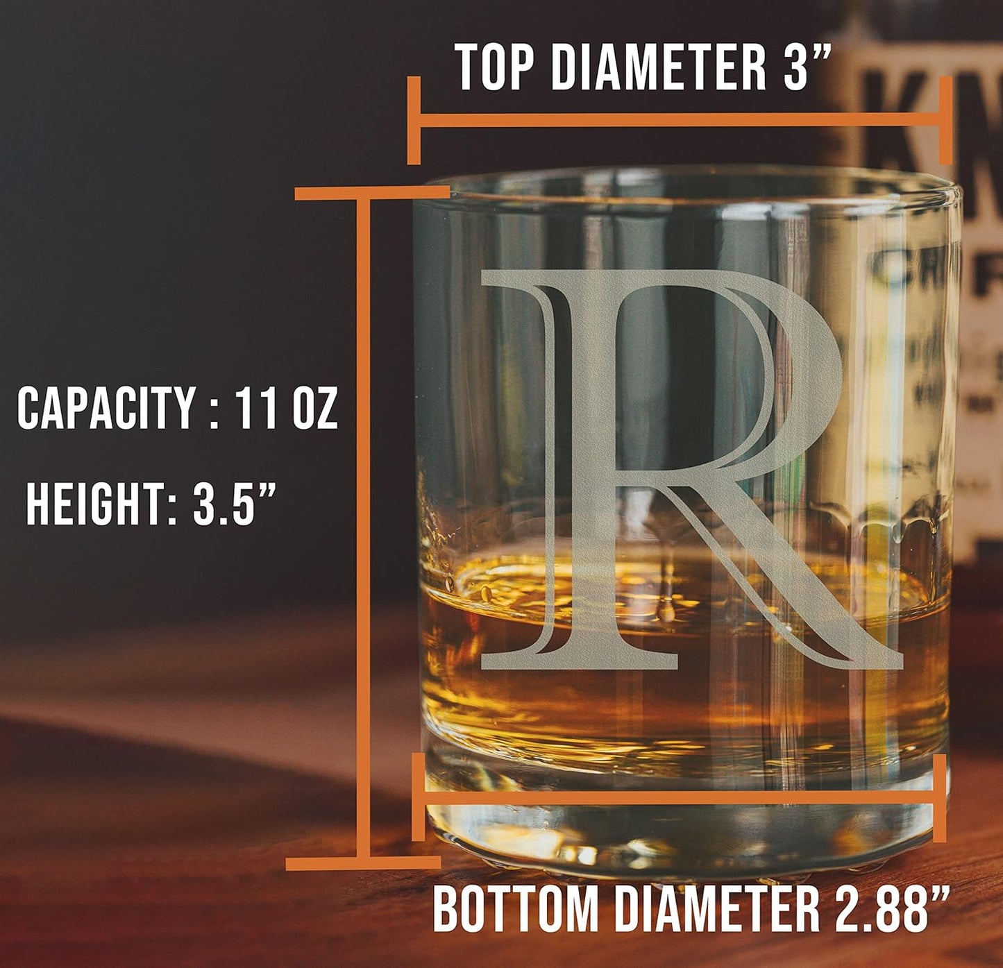 Etched Monogram 11oz Whiskey Rocks Glass (Letter R), A-Z Customized Bourbon Gifts for Men, Personalized Old Fashioned Scotch Glass, Custom Engraved Gifts for Him, Initial, Name, Regalos Personalizados