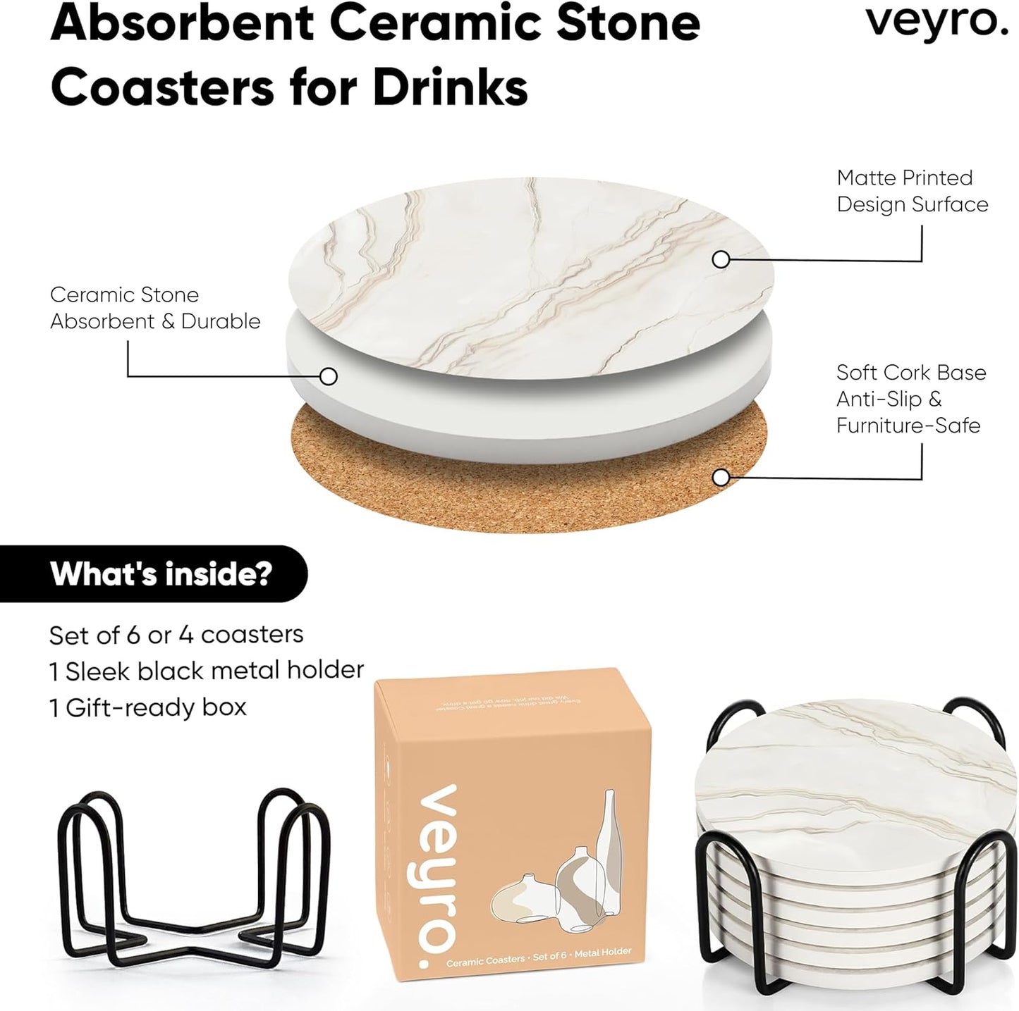 VEYRO Ceramic Coasters Set of 6 – Absorbent Stone Drink Coasters with Holder, Non-Slip Cork Backing, Modern Marble Look Coasters for Coffee Table, Desk & Home Decor