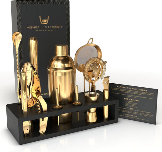 Highball & Chaser Bartender Kit with Espresso Bamboo Stand. Beautiful Cobbler Cocktail Shaker Set with Bar Tools Rustproof Stainless Steel Bar Set (Matte Gold)