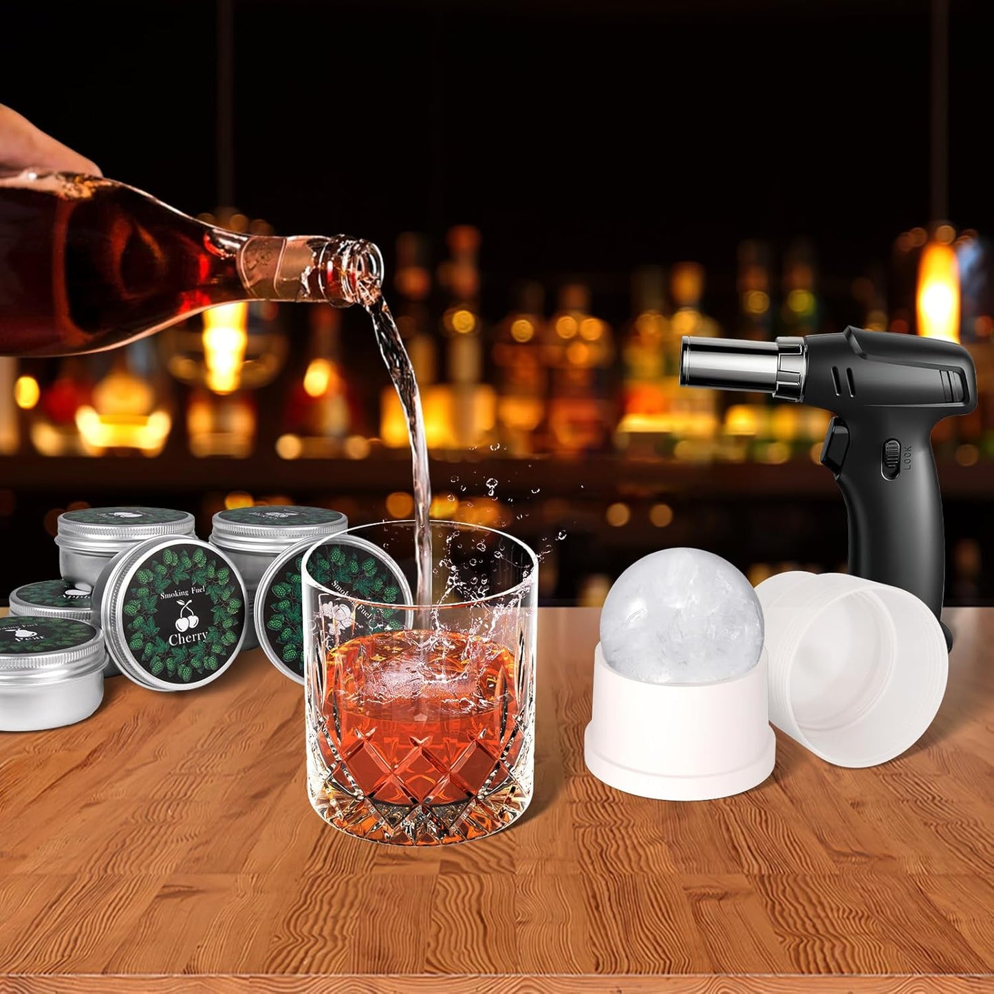 Whiskey Smoker Kit with Torch - 8 Flavors Wood Chips, 2 Glasses, 2 Ice Ball Molds - Cocktail Smoker Infuser Kit, Old Fashioned Drink Smoker Kit, Birthday Fathers Day Bourbon Gifts for Him, Men, Dad