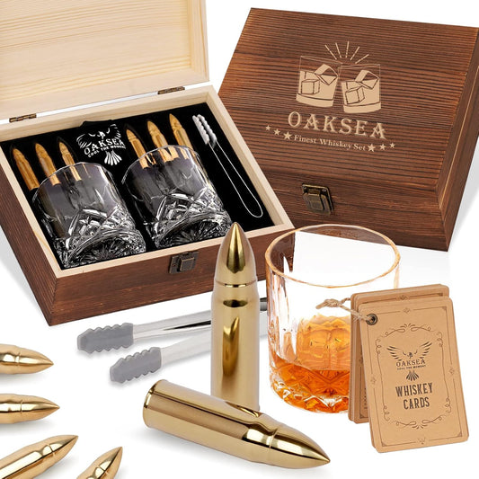 Gifts for Men Dad Husband, Father's Day Anniversary Birthday Gifts for Him Boyfriend, Reusable Stainless Steel Whiskey Stones and Whiskey Glasses Set, Cool Burbon Scotch Cocktail Set Gifts - Wooden / Whiskey Bullets