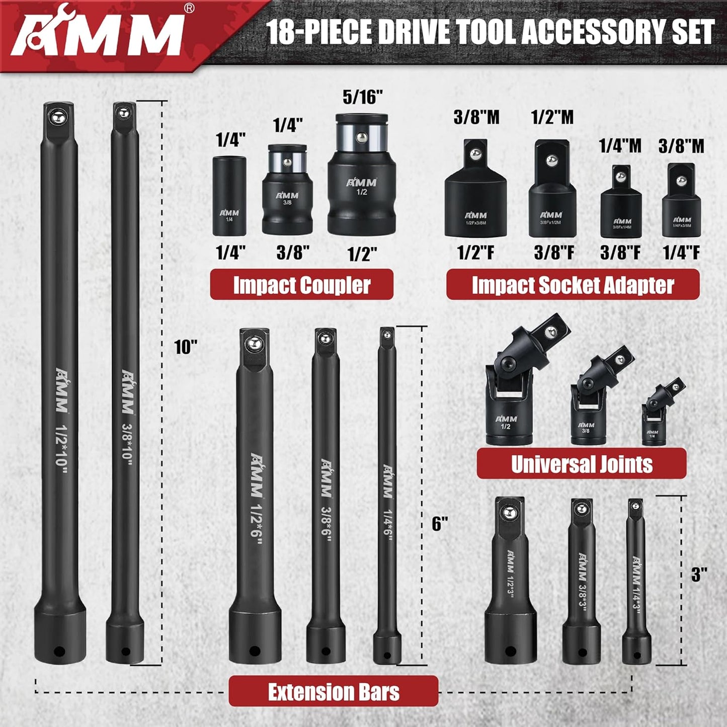 AMM Impact Socket Extension Set Tools, 1/4", 3/8", 1/2" Drive Socket Adapter, Extension Bar, Impact Univeral Joint, Impact Coupler with Cr-V Steel for Power Drill & Impact Driver, 18 Pieces