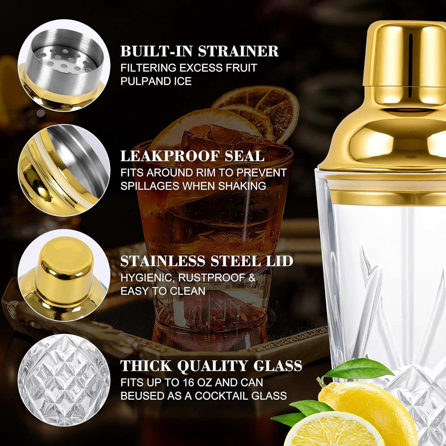 Glass Cocktail Shaker with Gold Lid, 15oz Crystal Cocktail Shaker Glass with Built-In Strainer, Leak Proof Shaker for Martini, Margarita, Mojito (1-Piece)