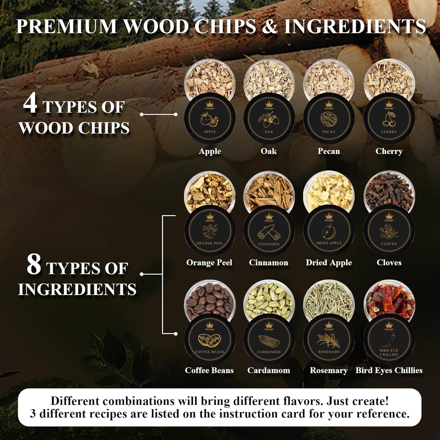 Whiskey Infusion Kit Gift for Men | DIY Whiskey Set to Create Own Flavor | Includes 4 Wood Chips, 8 Ingredients, Complete Tools, and Infusion Recipes, Unique Gifts for Him (Alcohol Not Included)