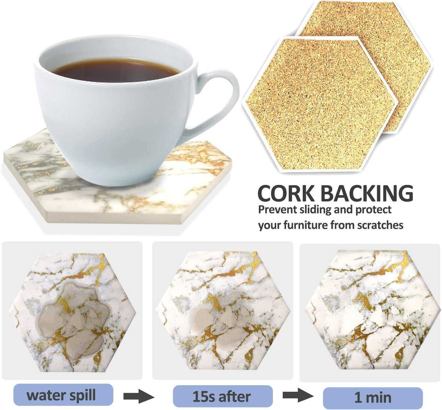 Coasters Set of 8 with Metal Holder Stand, Marble Design Ceramic Coaster Set, Cork Base, Gold Home Decor for Tabletop Protection, Gold Decor, Bar Cart Accessories (Golden)