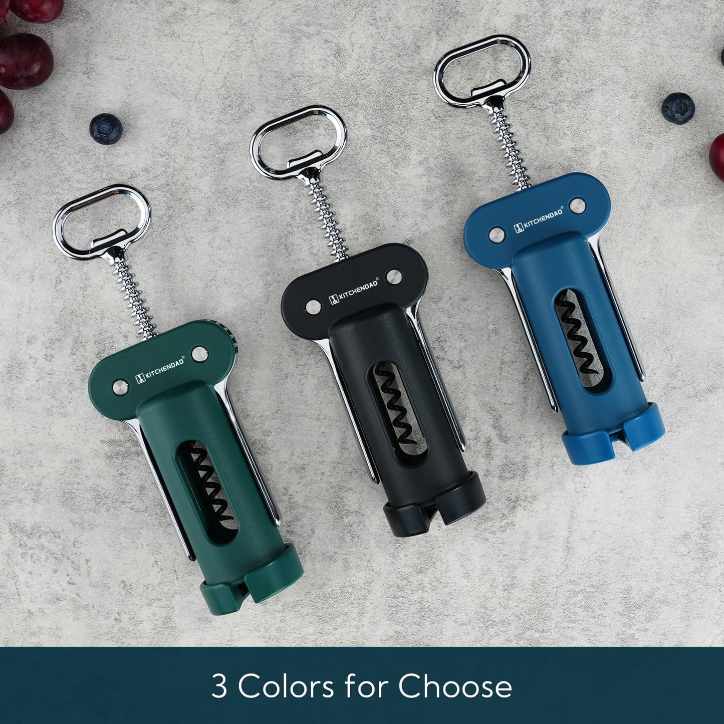 KITCHENDAO 3 in 1 Wing Corkscrew Wine Bottle Opener with Foil Cutter, Built-in Beer Bottle Opener, Multifunctional Wine Opener with Non-Stick Sharp Screw, Easy to Use, Manual Wine Corkscrew, Blue