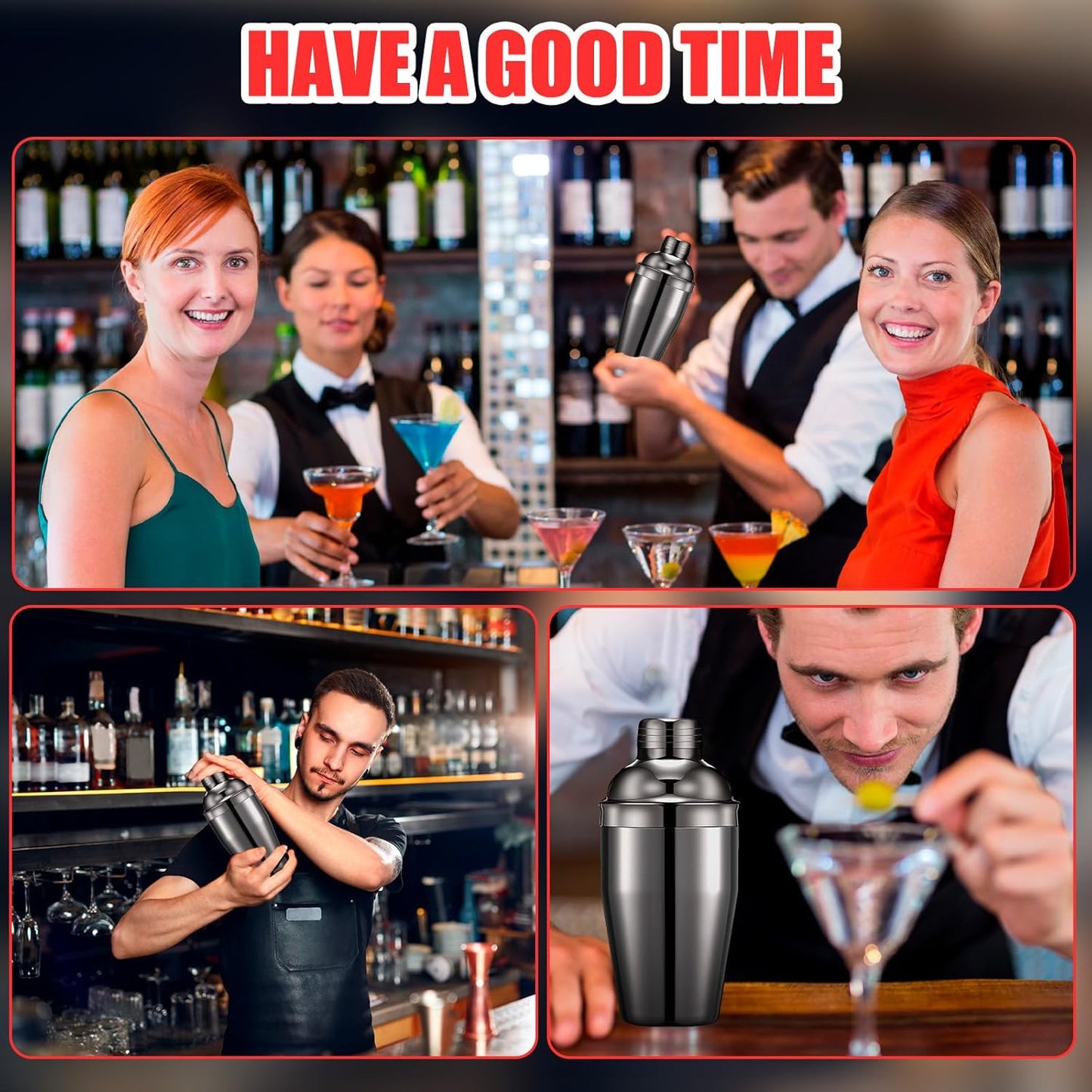 Nitial 9 Pcs Bar Cocktail Shaker Professional Stainless Steel Martini Drink Mixer Built-in Strainer for Bartending No Leaks Boston Shaker for Bar Party Drink Tool (Black,8 oz)