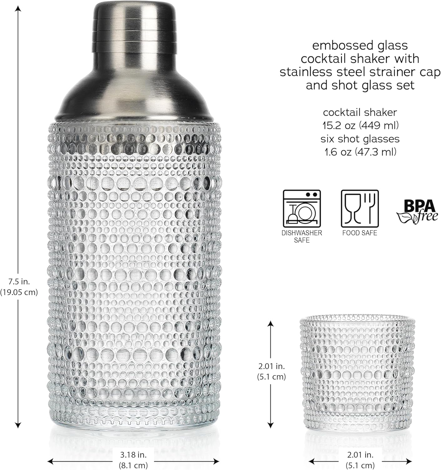 Glaver's Cocktail Shaker Set, Glass 15.2 oz Shaker, 6 Hobnail Shot Glasses, Stainless Steel Strainer Cap,Glass Shaker Set for Bars. Dishwasher Safe