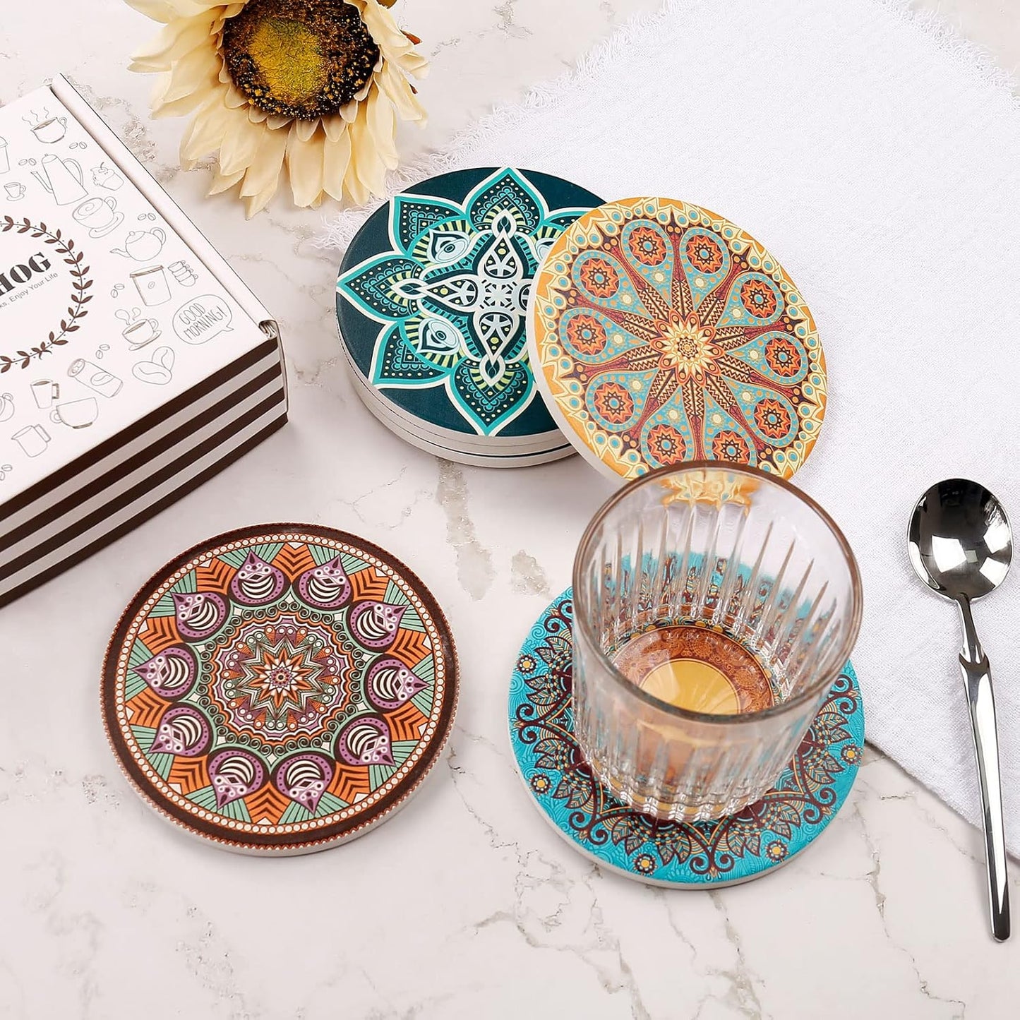 LogHog Stylish and Functional Drink Coasters - Set of 6 Coasters for Coffee Table, Absorbent Coasters for Drinks - Protects Furniture and Adds Decor to Your Home