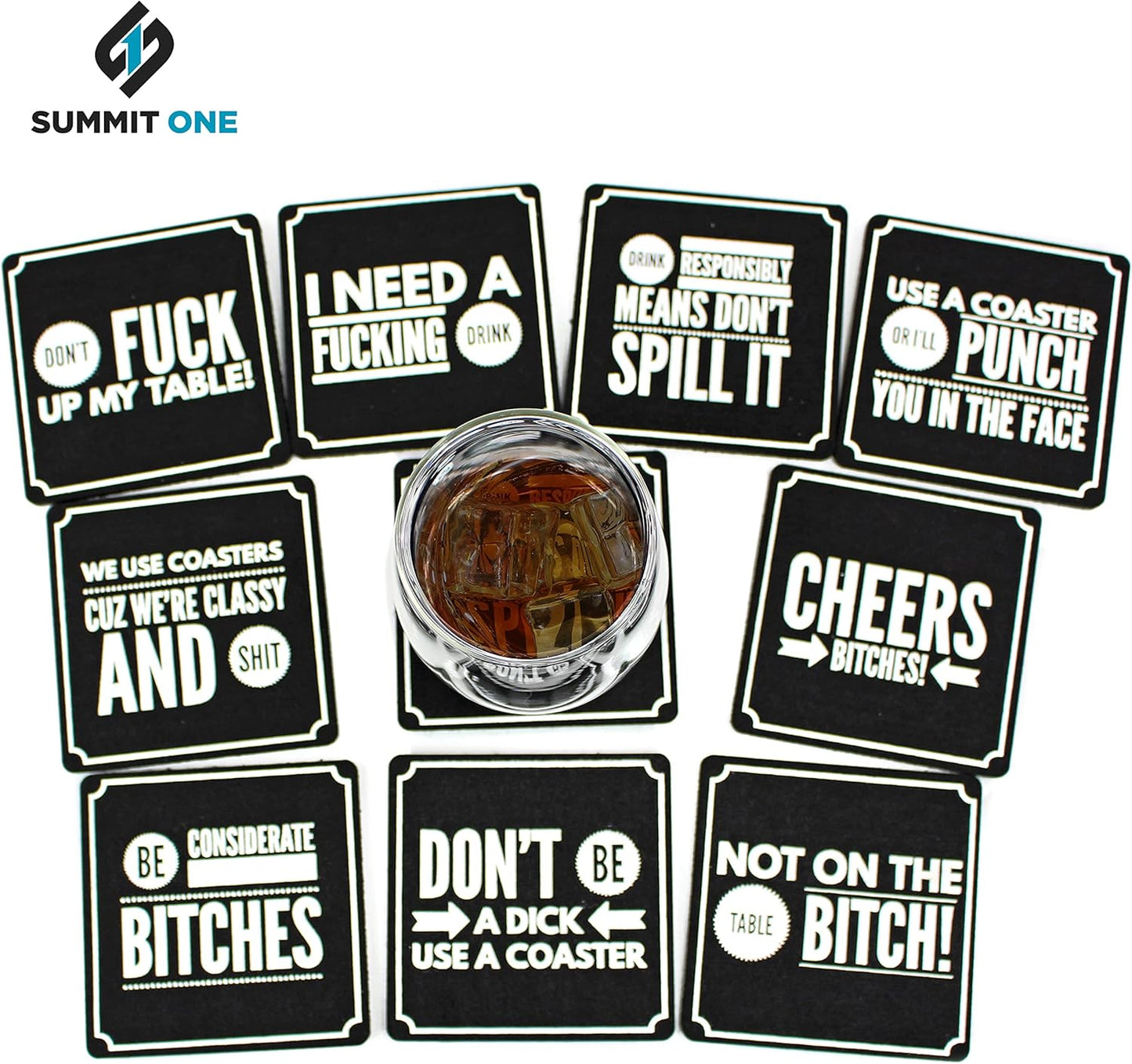 Summit One Funny Coasters for Drinks, Set of 10 (4 x 4 Inch, 5mm Thick) - Bar Accessories for The Home Bar Set, Absorbent Felt Drink Coasters - Man Cave Accessories
