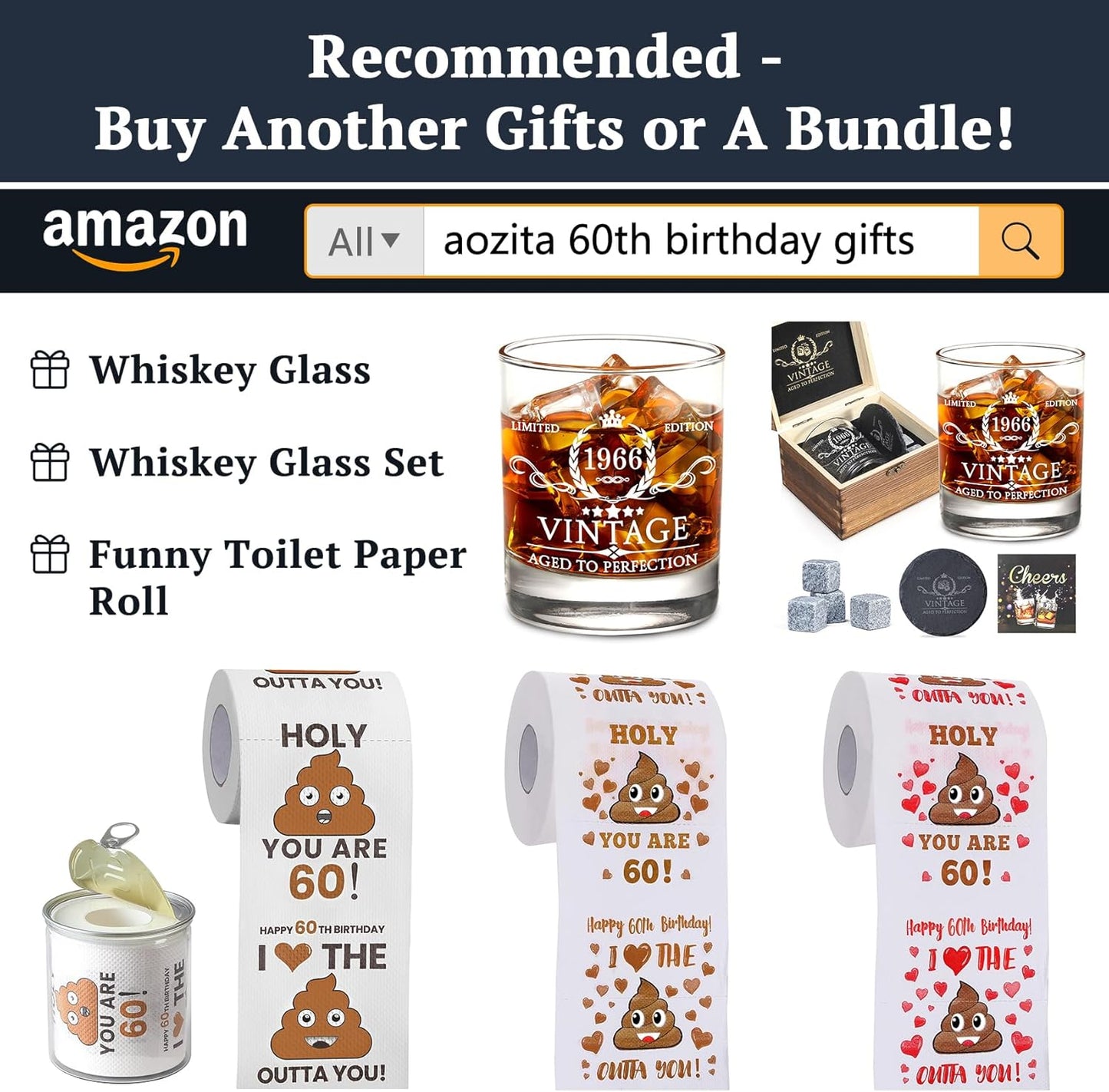 60th Birthday Gifts for Men Whiskey Glass Set - 60th Birthday Decorations, Party Supplies - 60 Year Anniversary, Bday Gifts Ideas for Him, Dad, Husband, Friends - Wood Box & Whiskey Stones & Coaster