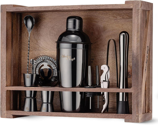 Mixology & Craft Rustic Cocktail Shaker Set – Includes Wood Stand, Complete Barware Kit with 24 Oz Shaker, Dual Jiggers, Pourers, Muddler, Strainer – Perfect for Home Bartenders (Gun-Metal Black)