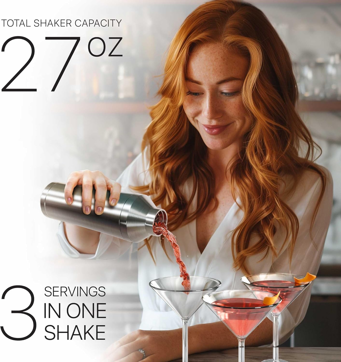 BARE BARREL Insulated Cocktail Shaker Set | Double Wall Stainless Steel | Martini Shaker for Home Bar Bartending | Built-in Drink Measure System & Strainer, Travel Bag, Recipes | Gift Set (Silver)