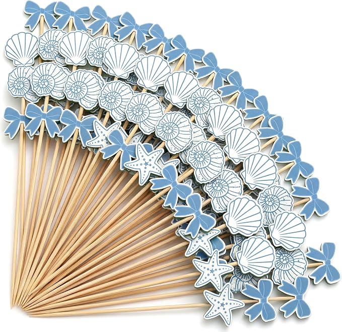 Bokon 200 Pcs Tea Party Theme Cocktail Picks Bamboo Teapot Toothpick - Starfish and Seashell / Blue