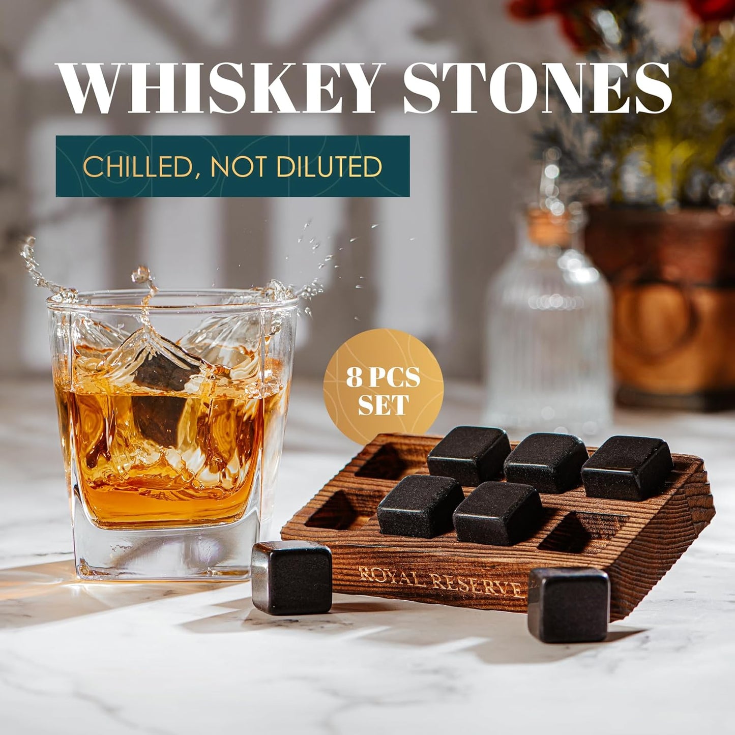 Whiskey Stones Gift Set by Royal Reserve – Artisan Crafted Reusable Chilling Rocks for Scotch – Stocking Stuffer for Men - Bourbon Gifts for Husband Dad Boyfriend Guy