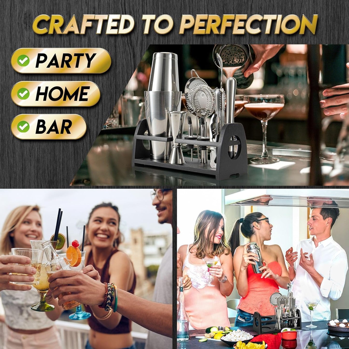 Semderm Boston Shaker Set, Weighted Cocktail Shaker & Mixology Bartender Kit - Heavy Duty 18/8 Stainless Steel Tins with Black Bamboo Stand - Includes Fine Mesh Strainer & Jigger