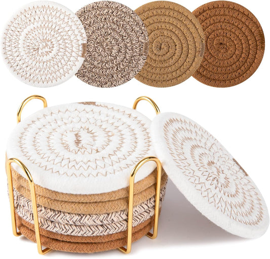 OIAHOMY 8 Pcs Coasters with Holder for Beer, Coffee, Woven Cotton Coaster Set for Table Decor for Kitchen, Bar, Dining Room, Living Room, Housewarming Gifts - Yellow - Yellow / 8Pcs
