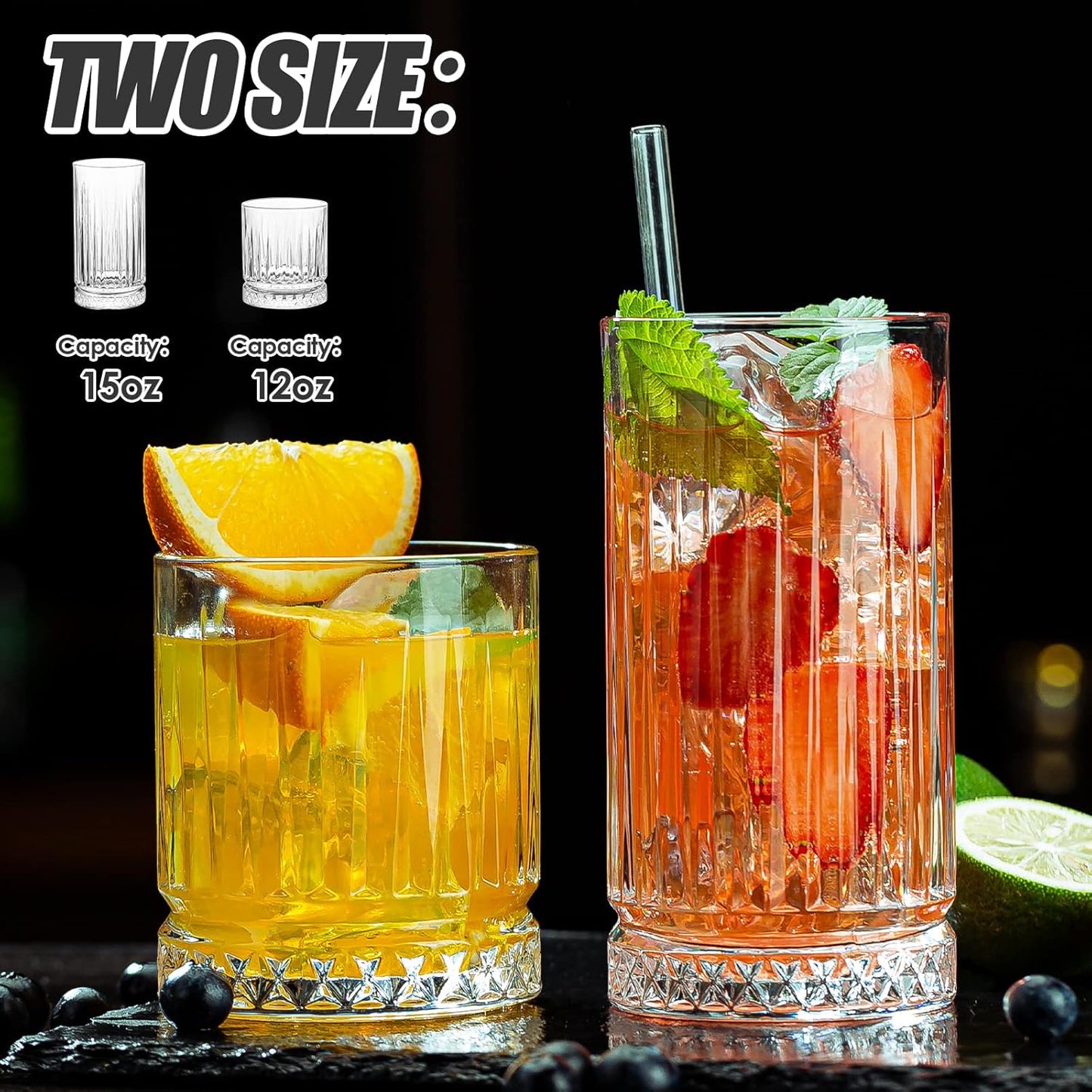 Crystal Drinking Glasses, Set of 8 Durable Glass Cups-4 Highball Glasses 15oz & 4 Rocks Glasses 12oz, Mojito Cups, Cocktail Glass, Bar Glassware Set for Cocktail, Beer, Whiskey