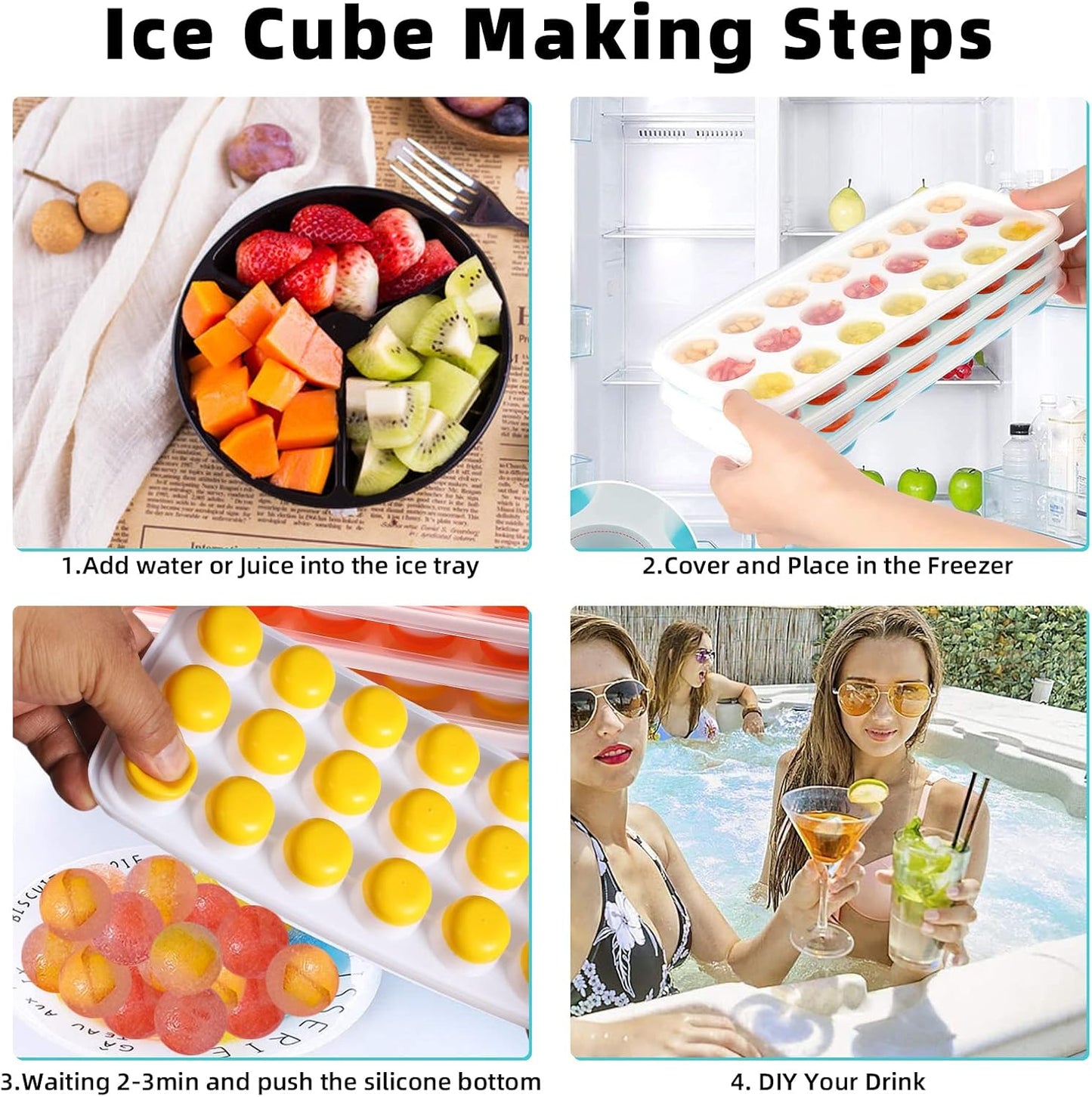 Ice Cube Trays with Lids BPA Free, 4Pack Easy Release Silicone Ice Cube Trays for Freezer 84 Sphere Ice Tray with Stackable No Spill Covers, Dishwasher Safe,Orange&Yellow