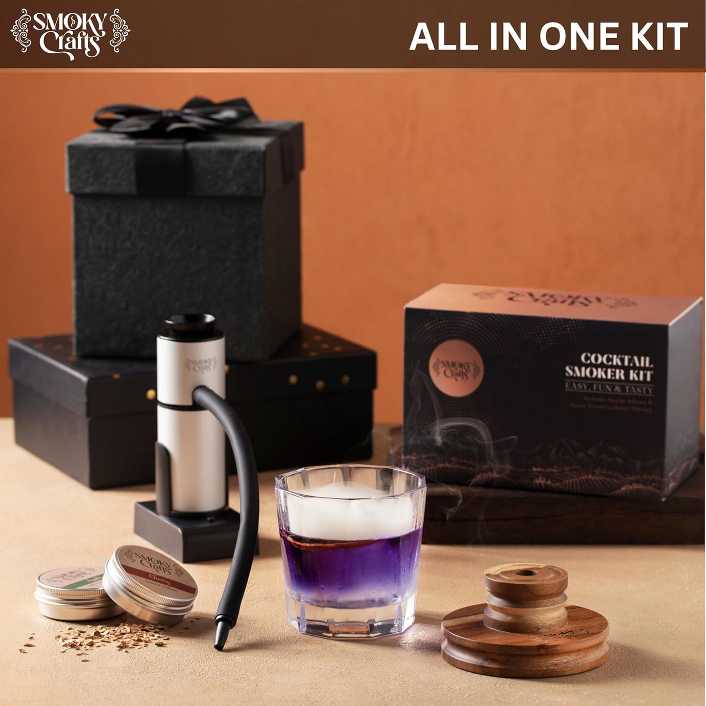 Smoky Crafts Whiskey Smoker Kit with Updated Smoke Gun, Acacia Wood Top and Wood Chips (Apple & Cherry) - Old Fashioned Smoker Kit
