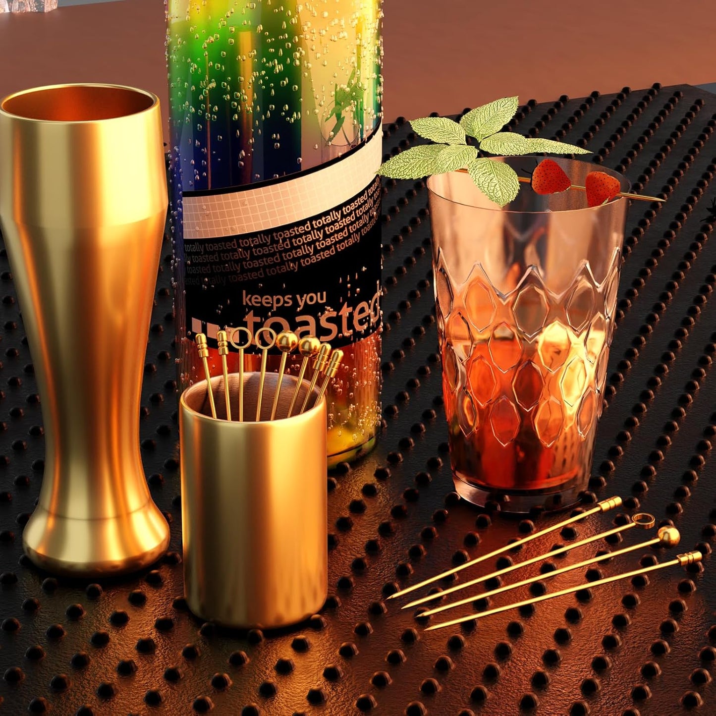 Metal Cocktail Picks 12Pack+Holder Kit, 304 Stainless Steel Toothpicks, Reusable Cocktail Skewers, Garnish Picks Bloody Mary Skewers, Martini Picks for Olives Appetizers Fruit (Mix Gold)