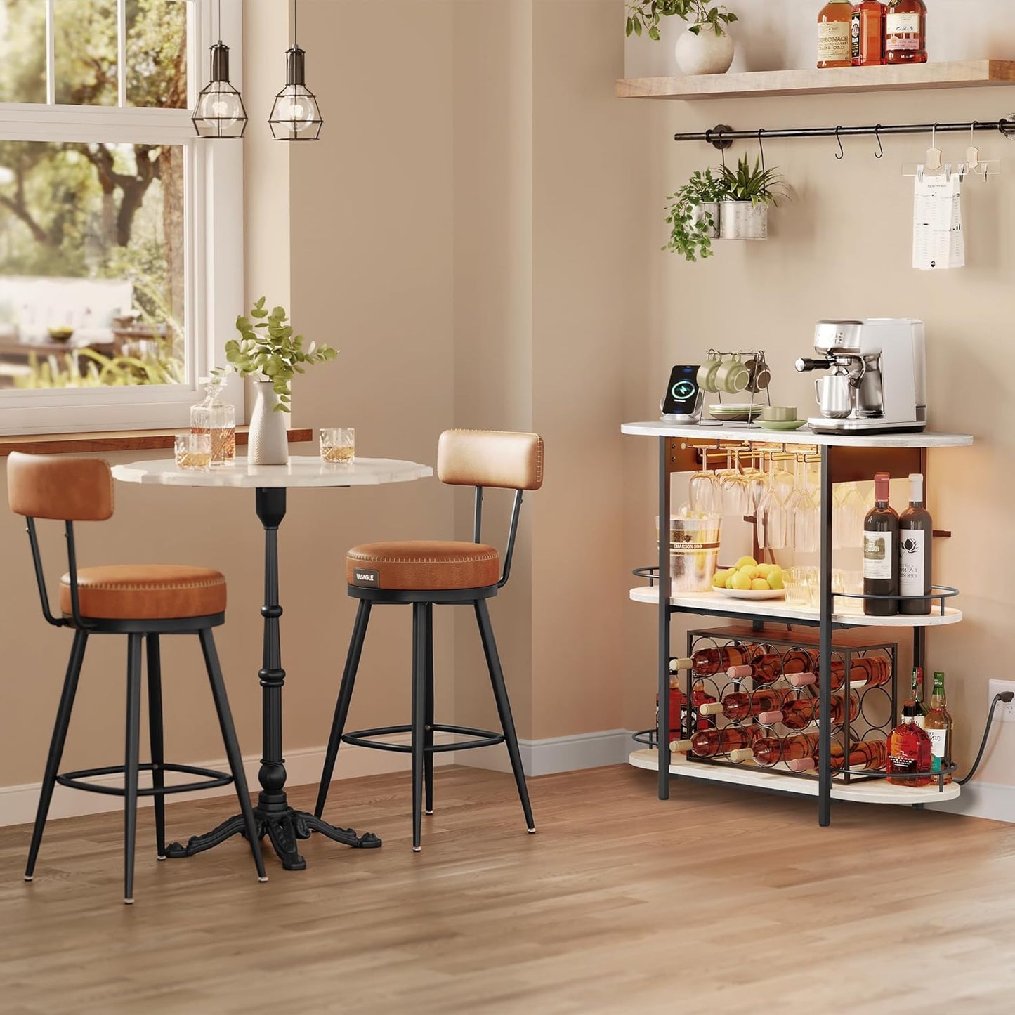 VASAGLE Bar Cabinet with LED Lights and Power Outlets, Freestanding Coffee Bar Wine Cabinet, Wine Rack, Glass Holder, Mini Bar for Liquor and Glasses, Kitchen, Dining Room, Rustic White ULWR007W01S