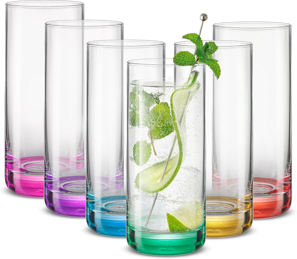 JoyJolt Hue Highball Glasses Set of 6 Tall Drinking Glasses, 13oz Bourbon Whiskey Glass Cups Set, Mojito Glass Tumbler also for Tom Collins Cocktail or Water, Colored Glassware Sets - Highball Glasses