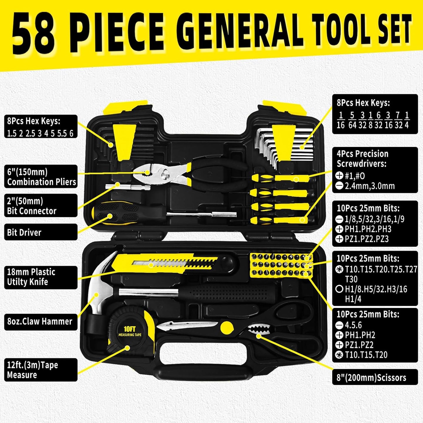 58-Piece Yellow Tool Kit | Basic Home Repair & General Household Hand Kit | Small Tool Set with Plastic Storage Toolbox for Home, Office, College & DIY Repairs