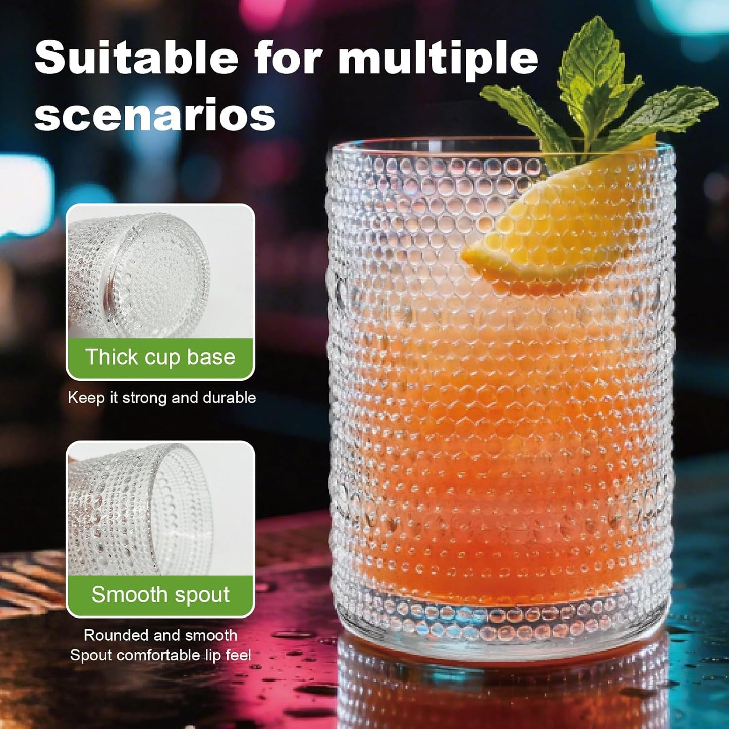 Hobnail Drinking Glasses Set of 8，Includes 12-ounce beer glasses and 10-ounce cocktail glasses.Kitchen Water Glass Cup,Bar Tumbler Glassware Set for Whiskey, Beer, Cocktail, Juice, Milk