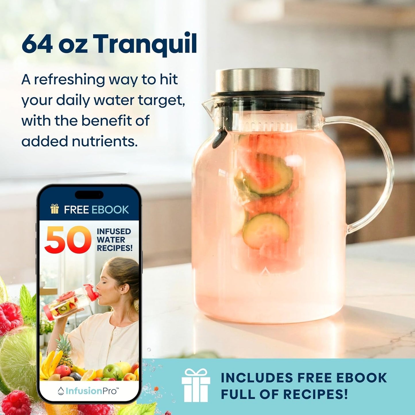 Infusion Pro Glass Fruit Infuser Water Pitcher, Heat Resistant for Hot/Cold Use, Great Iced Tea Pitcher | Tranquil Collection, 2 Qt