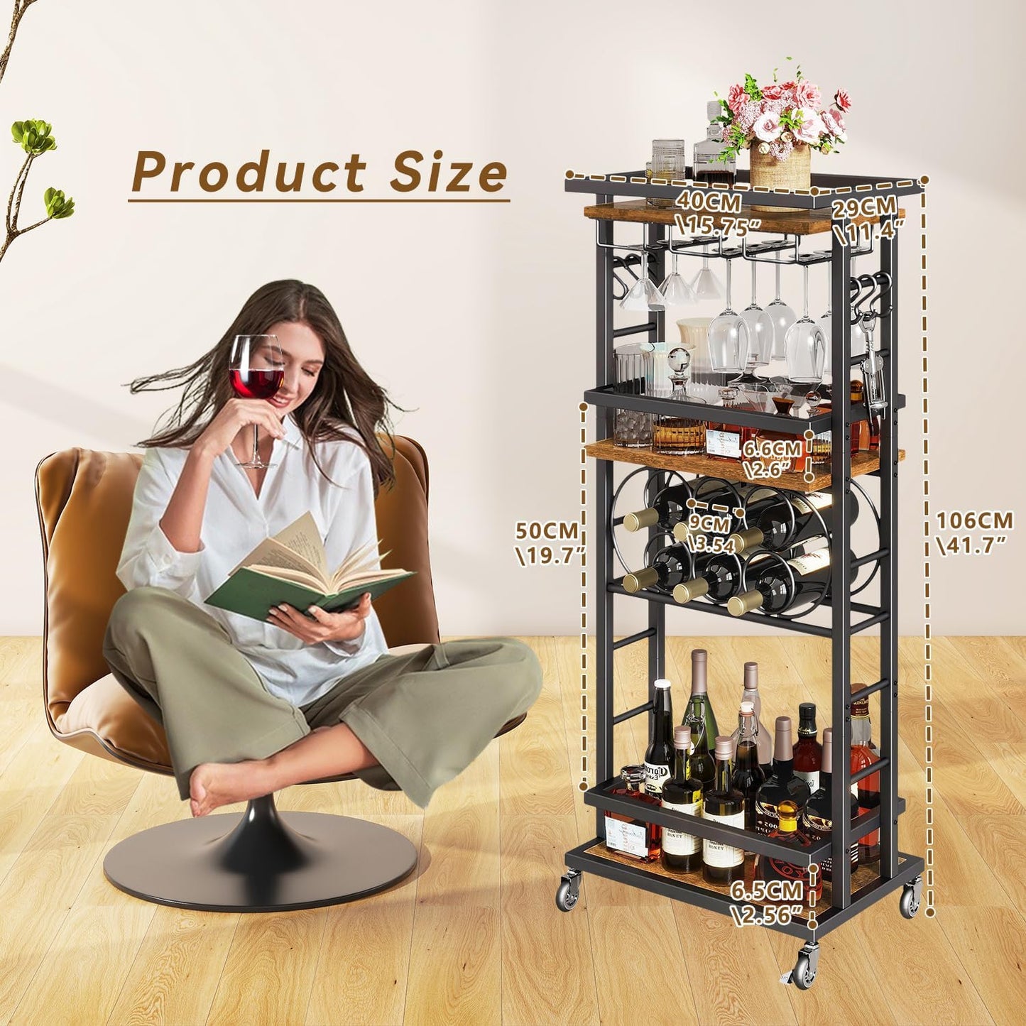 IBUYKE 4-Tier Wine Car Cabinet with Wheels,Wine Rack Freestanding Floor, Bar Cart for Liquor Whiskey Wine,Versatile Wine Bottle Display Shelf,Mini Bar for Home Living Room,Rustic Brown UTMJ912H