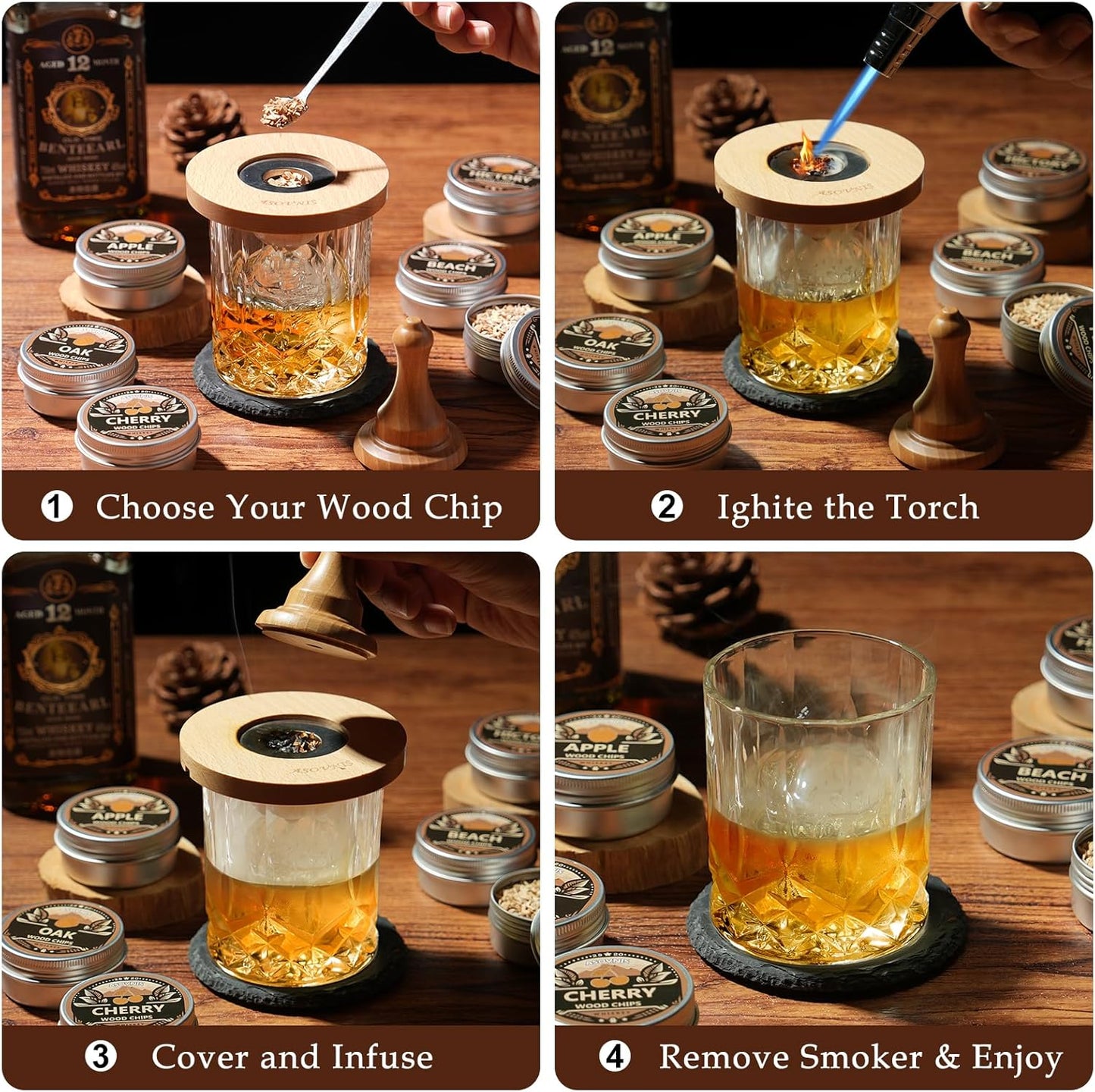 Whiskey Smoker Kit with Torch - 6 Flavors Wood Chips, 2 Glasses, Cocktail Smoker Infuser Kit, Old Fashioned Drink Smoker Kit, Birthday Valentine's Day Bourbon Whiskey Gifts for Men, Dad(No Butane)