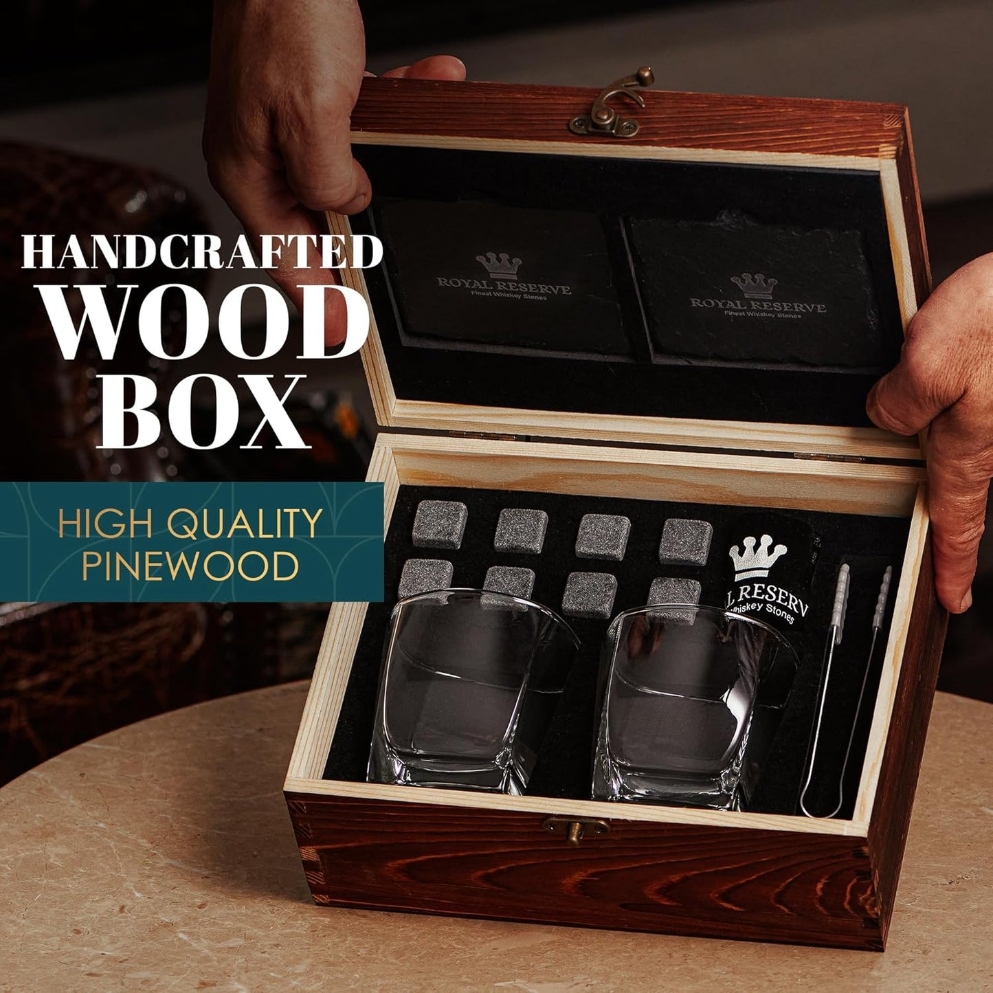 Whiskey Stones Gift Set by Royal Reserve - Artisan Crafted Scotch Bourbon Glasses, Chilling Rocks, Coasters and Tongs – Whiskey Gifts - Birthday Gift for Men, Husband, Him, Dad, Boyfriend