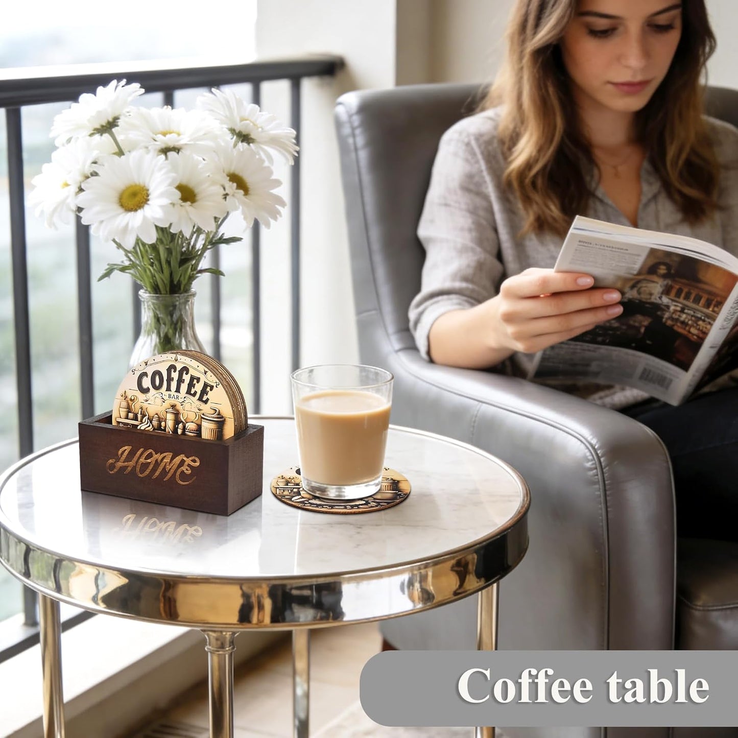 Bar Coaster Set, Drink Coaster for Home Decor, Wood Coffee Coasters 8Pack (Coffee-Brown)