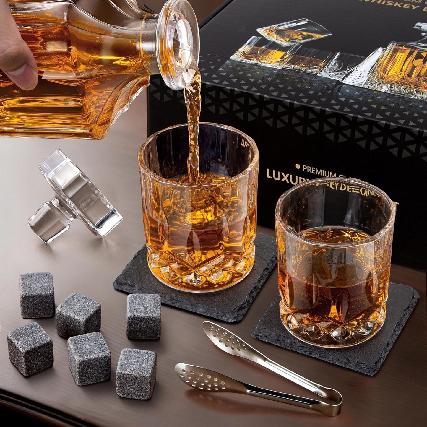 LIGHTEN LIFE Whiskey Decanter Set with Bar Accessories,Crystal Whiskey Decanter and Glass Set in Gift Box,Non-Lead Bourbon Decanter Set for Rum Scotch,Wedding Anniversary Birthday Gift for Men Him Dad