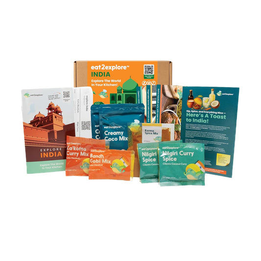 eat2explore Global Cooking Kit - Authentic Recipes, Essential Spices, Cultural Fun & Expert Drink Pairings - Perfect for Date Night and Dinner Parties (India Edition)