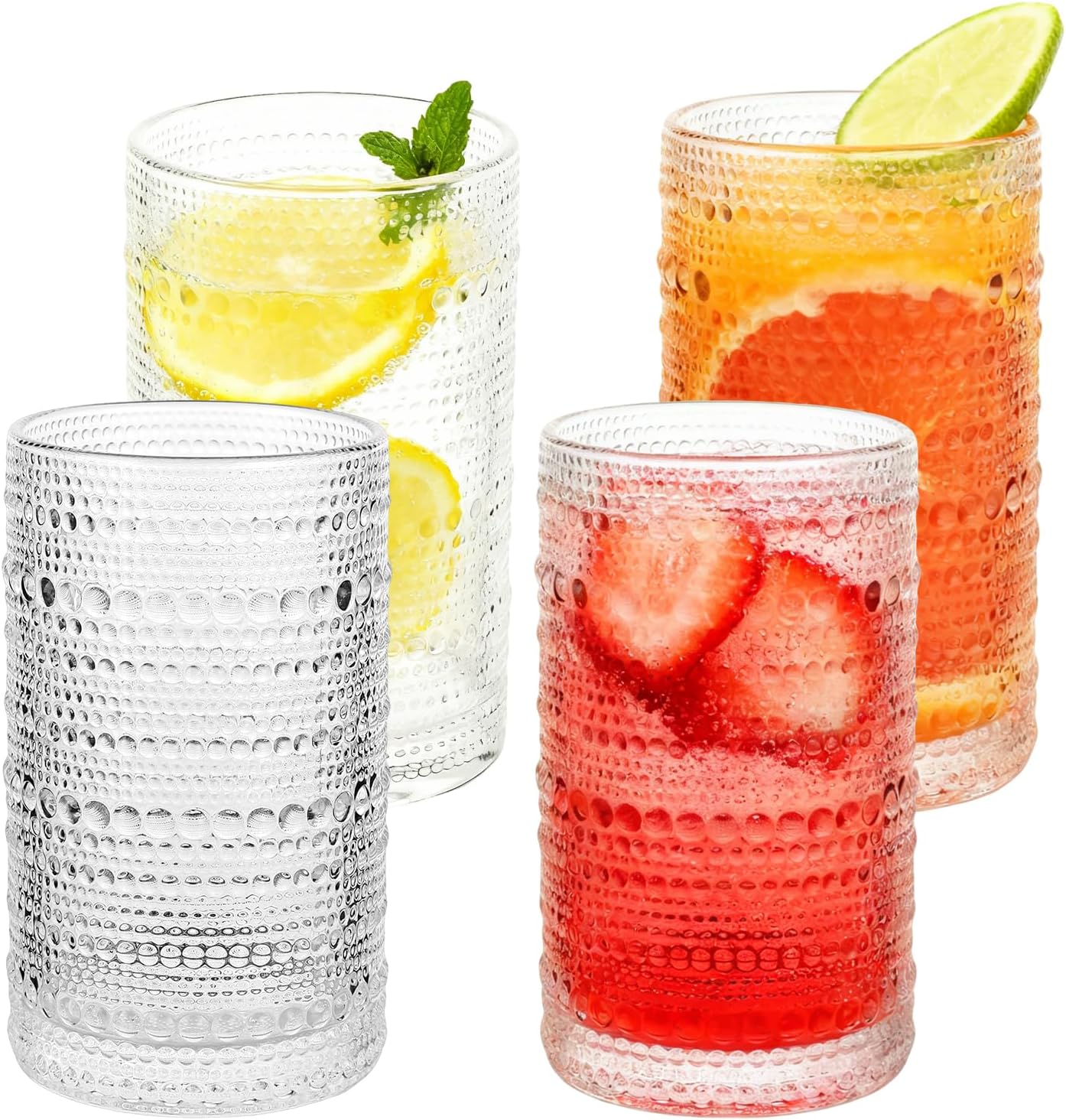 Hobnail Drinking Glasses Set of 4, 12 Oz Vintage Style Tumblers – Thick Durable Glass, Smooth Interior, Dishwasher Safe for Water, Juice, Wine, Whiskey