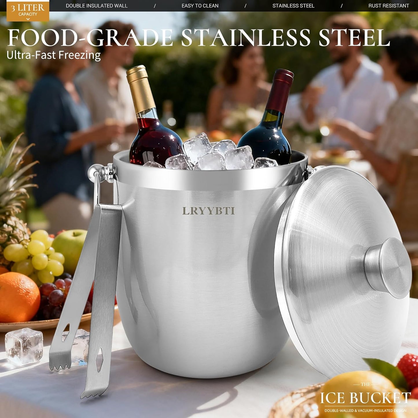 Ice Buckets for Parties with Lid,Tongs and Strainer (3L/Silver) Double Wall Stainless Steel Ice Bucket Keeps Frozen Longer,Ideal Perfect for Parties, Cocktail bar, Chilling Wine, Champagne