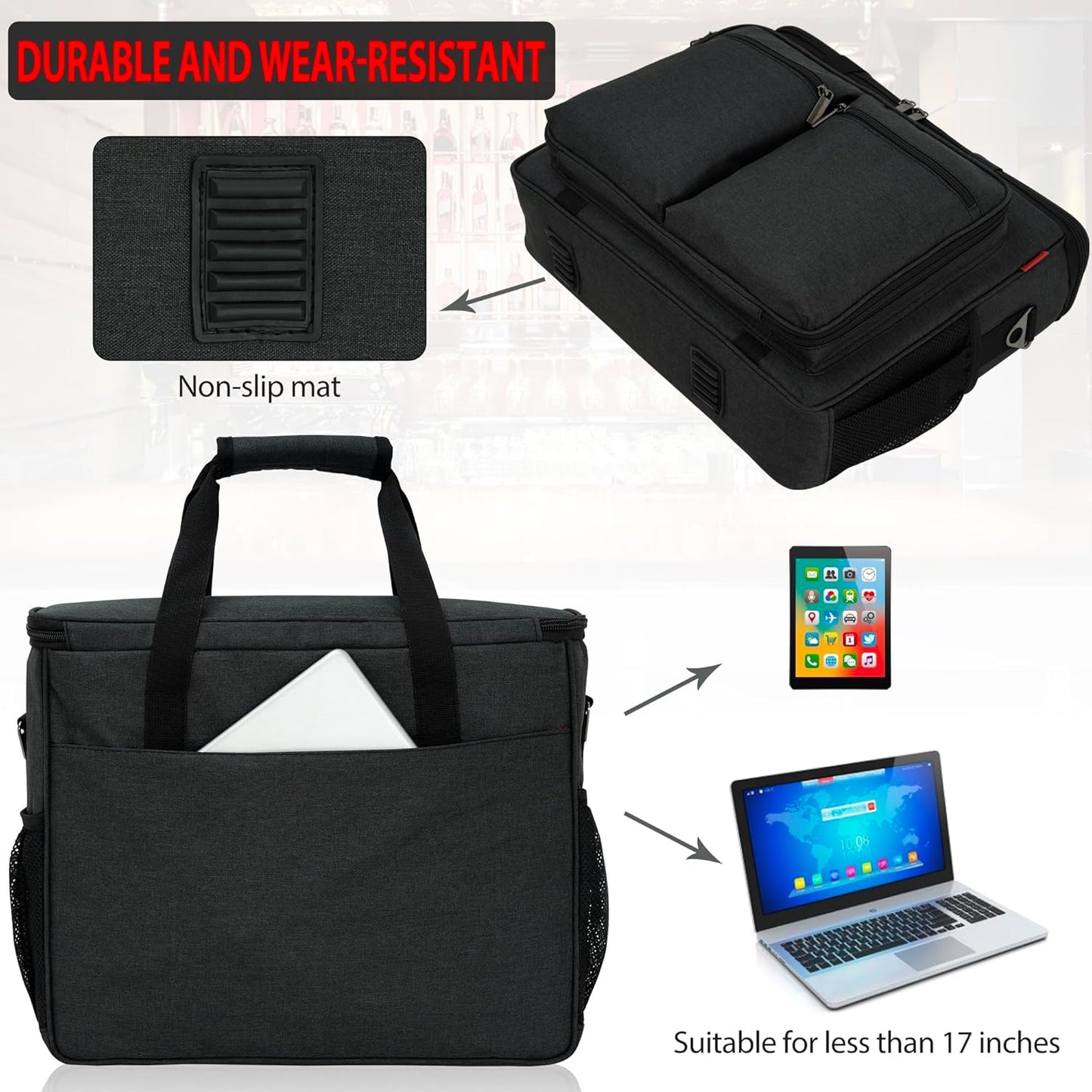 Bartender Bag, Bartender Kit Travel Bag for Cocktail Shaker Set, Portable Carrying Case with Compartments for Wine Bottles, for Travel Home Indoor Outdoor Party(Bag Without Tools)