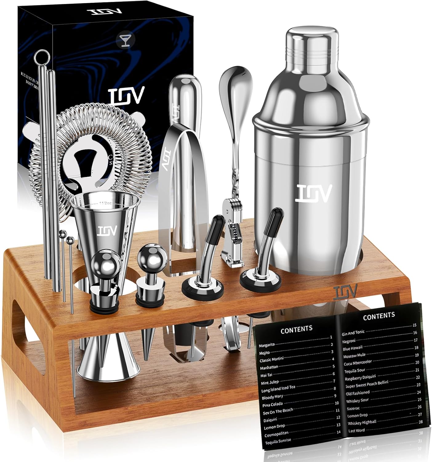 IOV Cocktail Shaker Set Bartender Kit with Stand | Bar Set Drink Mixer Set Includes Martini Shaker, Jigger, Strainer, Mixing Spoon, Muddler, Recipe Book | Home Bar Accessories Gift Set (Silver)