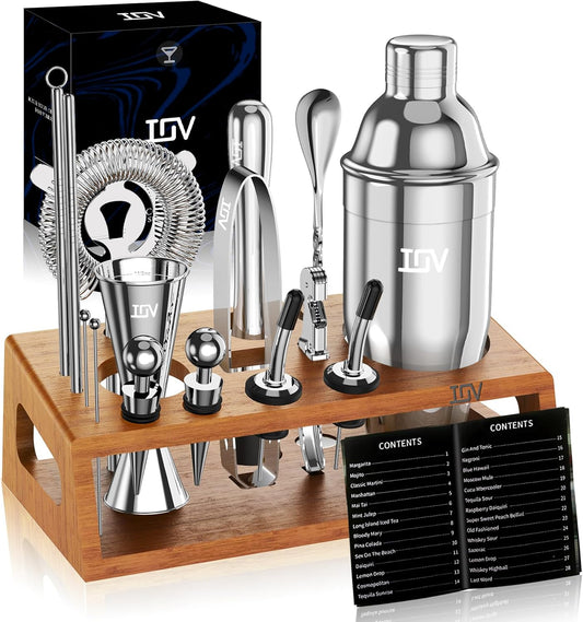 IOV Cocktail Shaker Set Bartender Kit with Stand | Bar Set Drink Mixer Set Includes Martini Shaker, Jigger, Strainer, Mixing Spoon, Muddler, Recipe Book | Home Bar Accessories Gift Set (Silver)