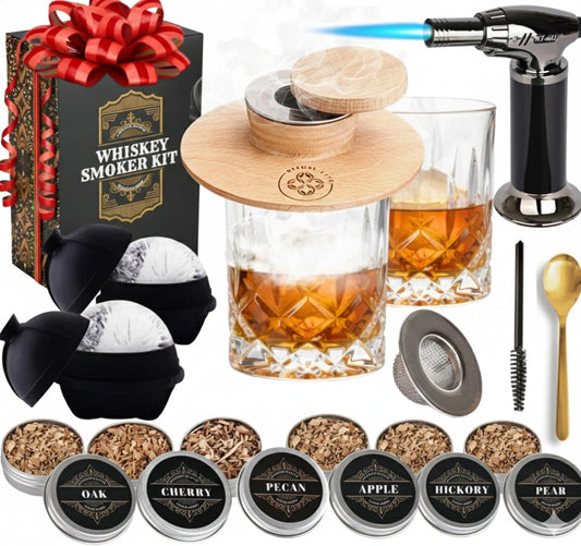 Whiskey Smoker Kit - Cocktail Smoker Kit with Torch, 2 Whiskey Glasses, 2 Ice Ball Makers, 6 Flavors Wood Chips - Old Fashioned Smokers - Bourbon Drink Smoking Set - Whiskey Accessories Gifts for Men