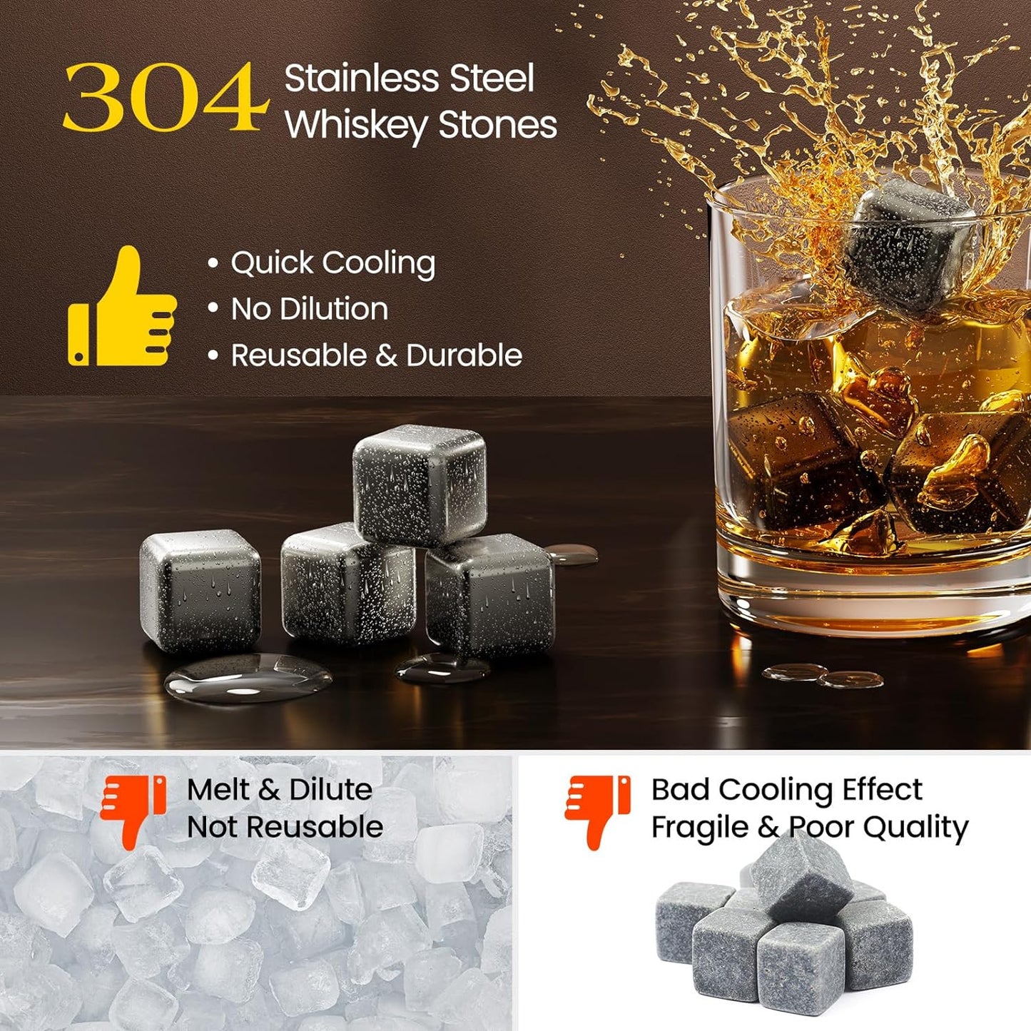 Kollea Whiskey Stones, 8 Packs Stainless Steel Whiskey Chilling Rocks, Reusable Ice Cube for Drinking, Cool Birthday Gift for Men Dad, Boyfriend, Beer Lover, Bourbon, Scotch, Gin, Beverage, New Year